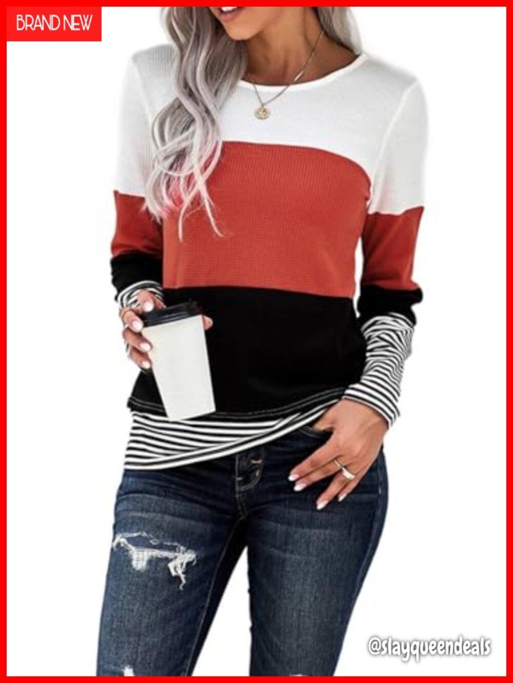 Women's Color Block Striped Tunic Sweater, Lightweight Long Sleeve Crew Neck
